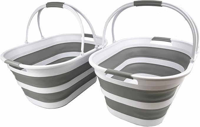 SAMMART 38L (10 Gallons) Collapsible Plastic Laundry Basket - Foldable Storage Container/Organizer - Portable Washing Tub - Space Saving Laundry Hamper (White/Grey (Set of 2)) by SAMMART