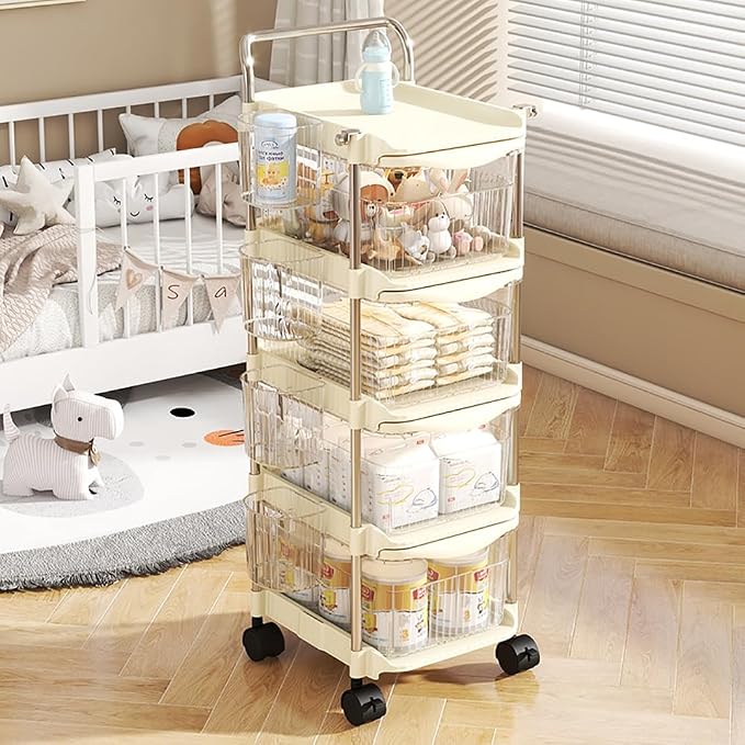 Baby Diaper Caddy Cart Organizer - Plastic Movable Cart Drawers with Hanging Basket, Rolling Utility Diaper Storage Caddy Organizer for Changing Table & Crib, Nursery, Bedroom (3 Tier) - Image 2