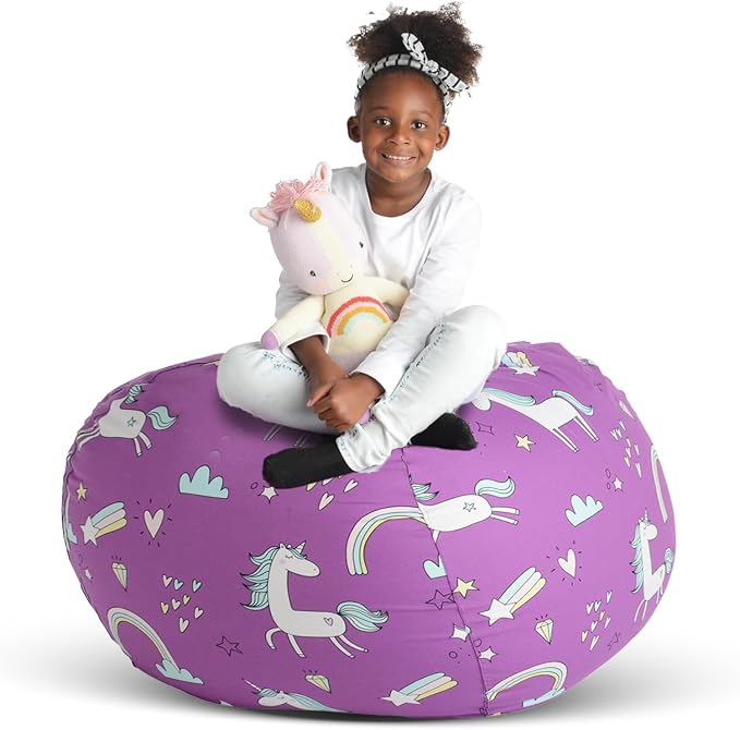 Stuff ’n Sit Large 33’’ Bean Bag Storage Cover for Stuffed Animals & Toys, Giant Beanbag Chair for Kids Ages 3-14, Bedroom Organizer, Purple Unicorn by CreativeQT