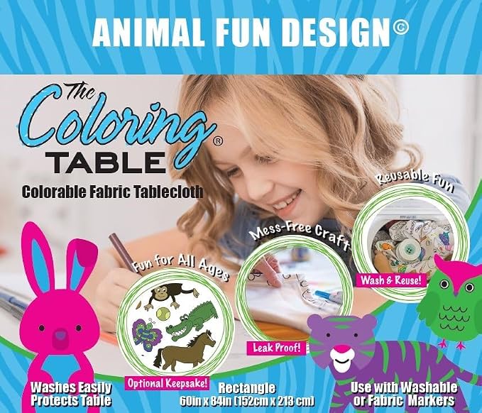 Animal Fun Design – Rectangle Tablecloth 60”X84” – Interactive Coloring Tablecloth for Kids - Poly/Cotton Fabric – Washable and Reusable – DIY Activity for Children and Adults - Image 2
