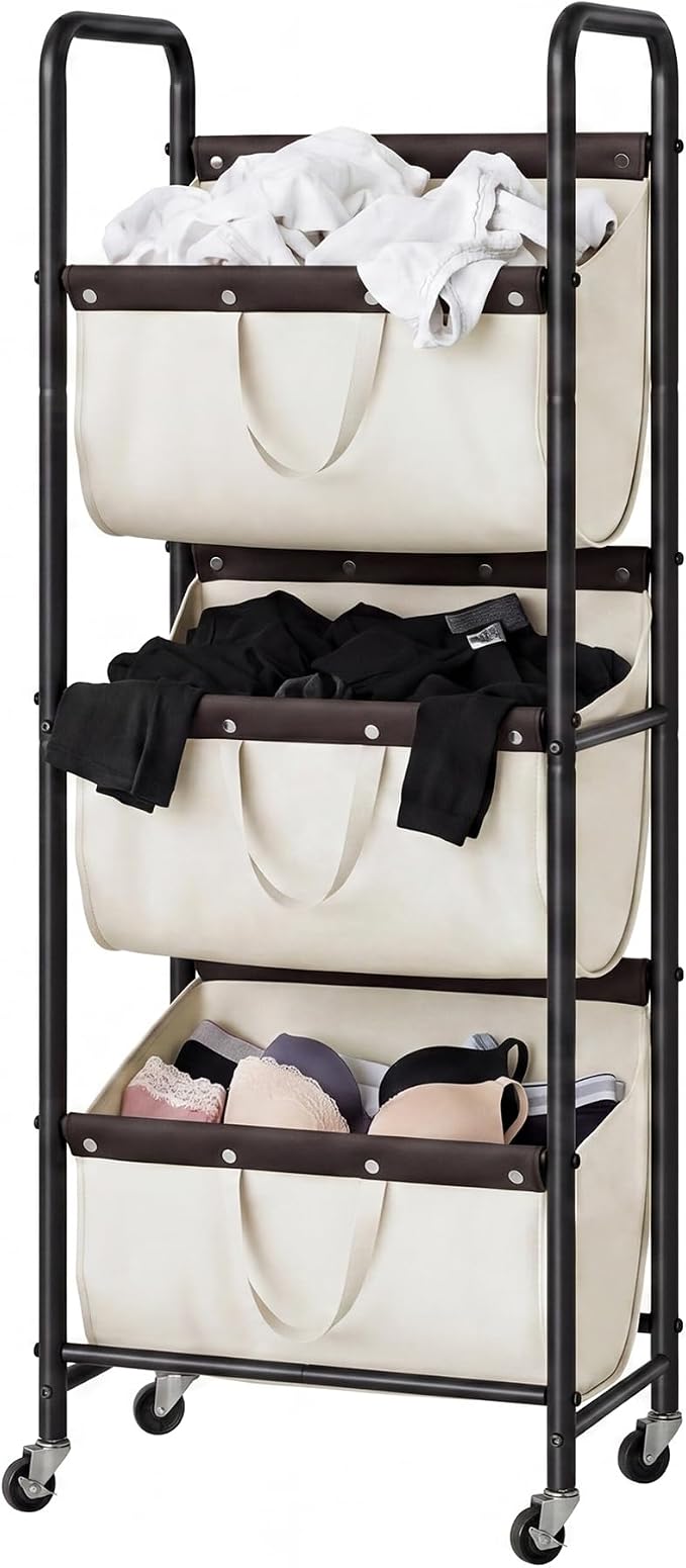 GRANNY SAYS 3 Tiered Laundry Sorter, Narrow Hamper Cart with Wheels | Sturdy 3 Section Laundry Basket with Wheels, Vertical Beige Hamper Cart for Bedroom, Bathroom, Apartment by GRANNYSAYS