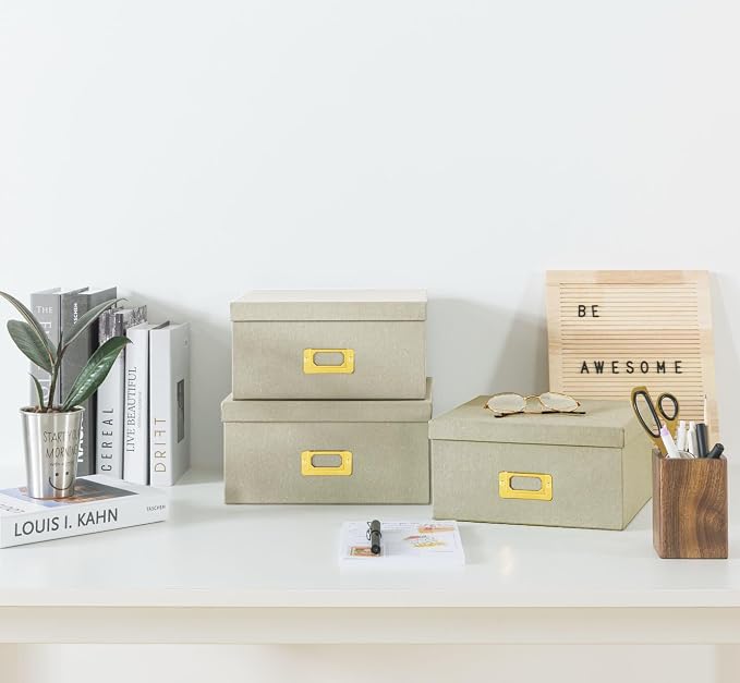 Soul & Lane - Light Gray Decorative Storage Boxes with Lids, Set of 3 | Square Stacking Kraft Photo Storage with Gold Label Holders, Nesting Cardboard Memory Boxes for Home Decor and Organizing - Image 5