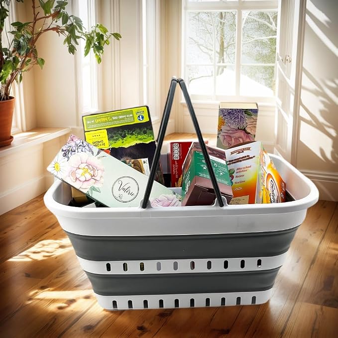 SAMMART 26L (6.8 Gallons) Collapsible Plastic Laundry Basket with Handle-Foldable Pop Up Storage Basket with handle (White/Steel Grey) - Image 2