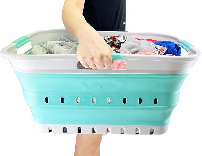 SAMMART 42L (11 gallon) Collapsible Plastic Laundry Basket - Foldable Pop Up Storage Container/Organizer - Portable Washing Tub - Space Saving Hamper/Basket (Grey/Pine) - Image 8