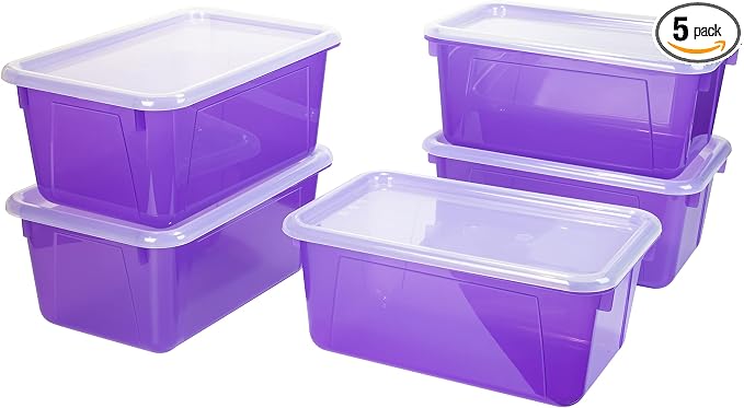 Storex Small Cubby Bins – Plastic Storage Containers for Classroom with Non-Snap Lid, 12.2 x 7.8 x 5.1 inches, Tint Violet, 5-Pack (62484A05C) by Storex