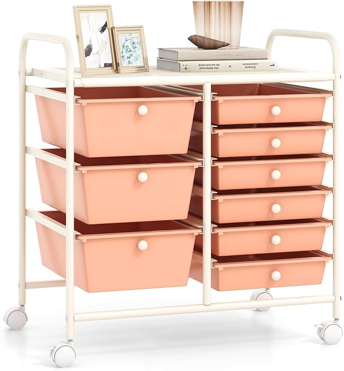 RELAX4LIFE 9 Drawer Rolling Storage Cart - Mobile Drawer Carts for Craft Art Supply Paper Salon, Utility Cart on Wheels for Classroom Teacher School Office, Rolling Cart with Drawers (Pink) by RELAX4LIFE