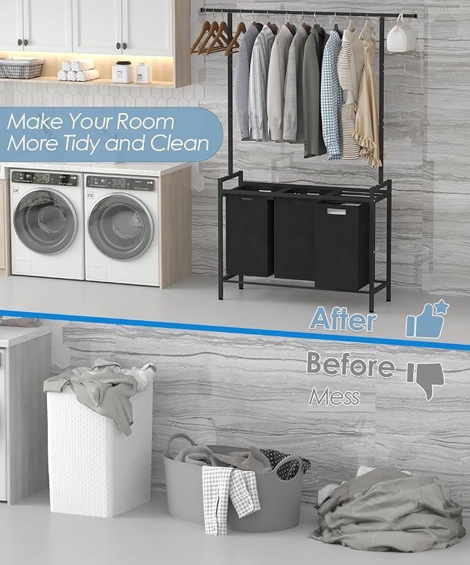 Large Laundry Hamper with Clothes Rack Hanging Bar, 10 x 3 Gal Pull-Out & Removable Sorter Bags, Freestanding Laundry Basket Organizer for Bathroom, Bedroom and Laundry Room, Black - Image 4