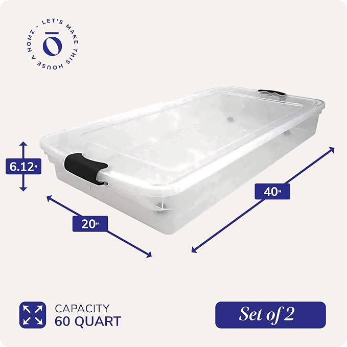 HOMZ Under Bed Clear Plastic Storage Bin w/Lid, 60 Qt, Gray Latch, 2 Pack | Stackable Underbed Container Set for Shoes, Bags, Clothes, and Towel Organization - Image 4