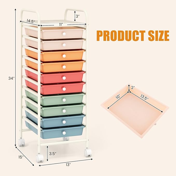 GOFLAME 10-Drawer Rolling Storage Drawer Cart, Utility Cart with Removable Drawers & Metal Frame, Mobile Art Craft Drawer Cart with Lockable Wheels for Home, Office, Studio, School, Macaron Color - Image 3