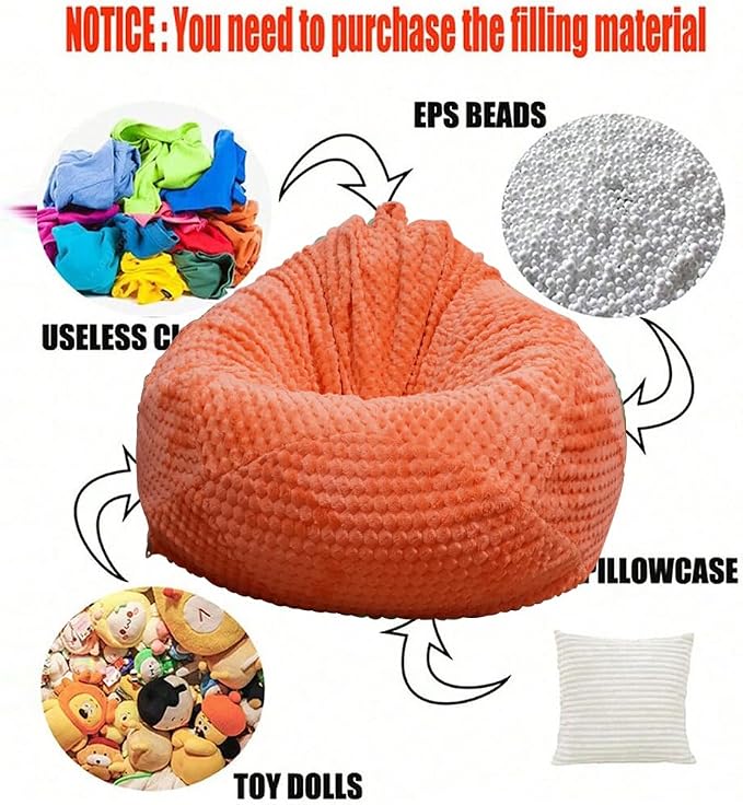 Soft Bean Bag Chair Cover No Filler Sofa Cover Storage Washable Bean Bag Cover Organizing Children Plush Toys for Living Room Bedroom (Orange, 3 feet-39.3"*39.3"*23.6") - Image 4