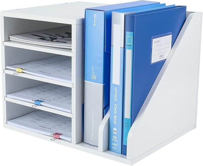 Wood Desktop File Holder Organizer Mail Sorter, White, 15.35" W x 12.16" D x 11.81" H by PAG