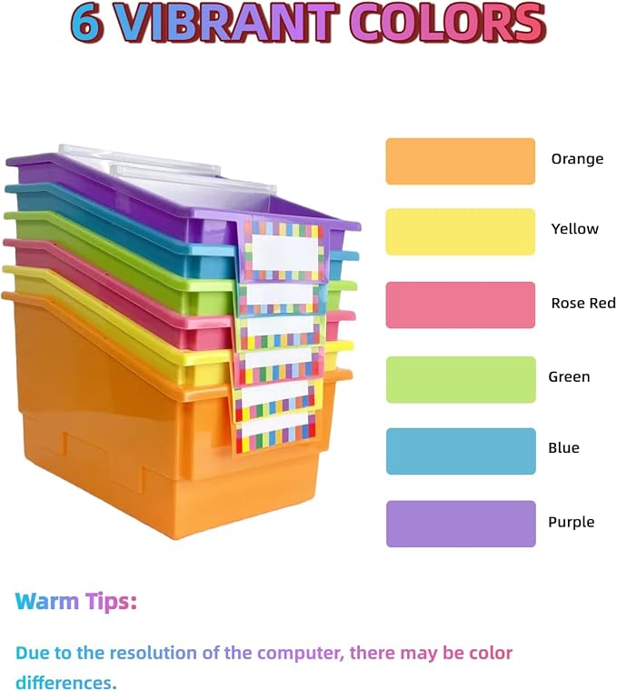 6 Pack Plastic Picture Book Classroom Library Bins with Dividers, Neon | Plastic Shelf Bin Organizer for Classroom Library, Book, Documents, Files Magazines, Multi-Purpose Book Holders with Labels - Image 3