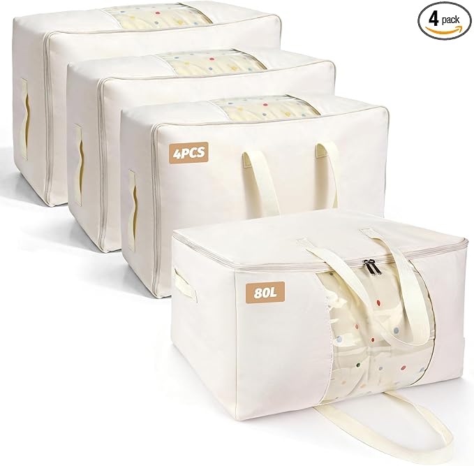 Soft Large Canvas Storage Bags with Zipper. Thick Breathable. Four Carrying Handles and Window. Cotton Linen Storage for Pillows, Quilt, Blankets and Comforter, 80L, Beige by Unknown