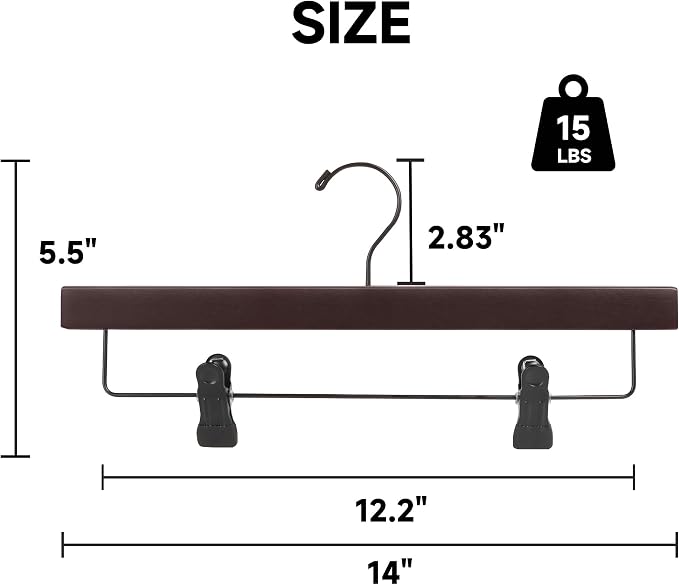 14" Wood Pants Hangers, Adjustable Non-Slip Clip, Dark Cherry, 24-Pack | Solid Wood Material, Bottom Hangers with 360° Swivel Hook, Space Saving Hangers for Skirts, Slacks, Trousers, Jeans - Image 2