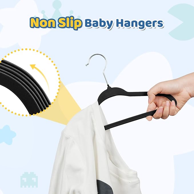 Premium 11 Inch Baby Hangers 50 Pack, Kids Velvet Hanger, Non Slip | Black Space Saving Felt Hangers Clothes Organizers for Closet with 360° Swivel Hook for Children, Infant & Toddler - Image 2