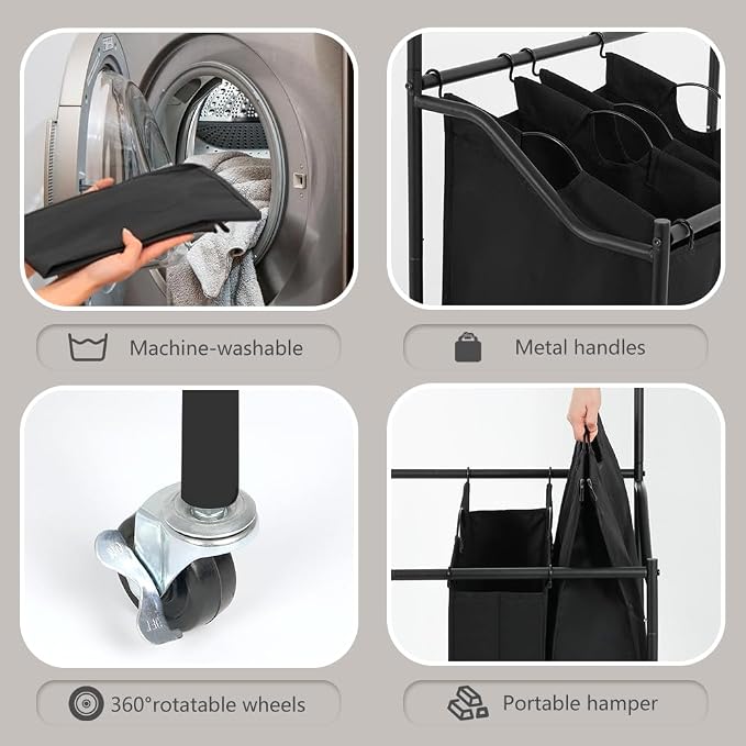LUCKUP Laundry Sorter 4 Sections with Hanging Bar, 4 Bags Laundry Hamper Rolling Laundry Basket Cart with Lockable Wheels for Laundry Room Bathroom Bedroom, Black - Image 3