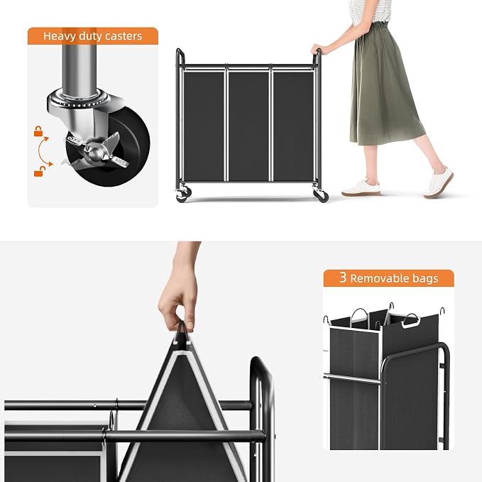 ROMOON Laundry Sorter Hamper 3 Section, Divided Laundry Basket Organizer | Rolling Clothes Hamper with Heavy Duty Lockable Wheels and Removable Bags for Apartment, Dorm & Family, 135L, Modern Black - Image 5