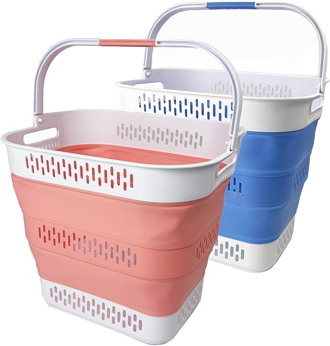 SAMMART 40L (10.5 Gallon) Collapsible Plastic Laundry Basket with Handles - Foldable Pop Up Storage Container/Organizer - Portable Laundry Hamper - Space Saving (2, Quartz Pink+Little Boy Blu) by SAMMART