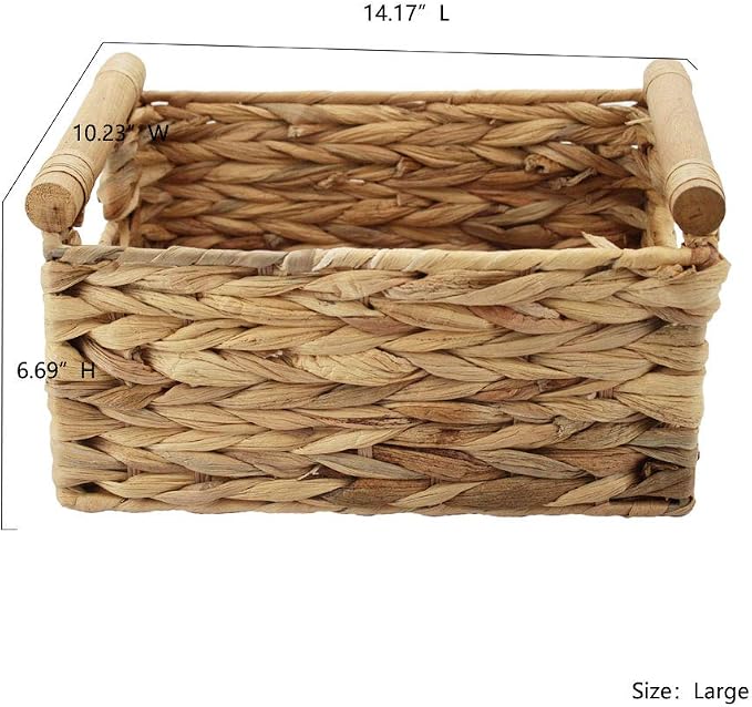 Natural Woven Water Hyacinth Storage Basket with Wood Handles, Large | Rectangular wicker‑style bin, decorative accent, for shelves, bathroom, pantry, closet organization, countertop use - Image 2