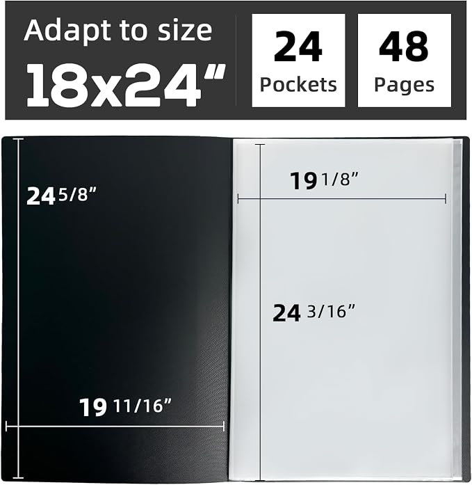 18x24 Black Art Portfolio Folder Displaying 48 Pages with Plastic Sleeves | 24-Pocket Presentation Book Binder For Artwork Storage Featuring Dark Inner Paper Inserts Protective Document Archival Holder - Image 2