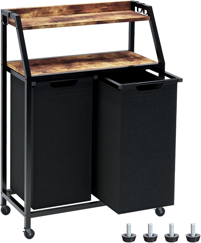 Laundry Hamper, Laundry Sorter 2 Section, Rolling Laundry Basket with Wheels, 2 Shelves, 2 × 14.5 Gal, Pull-Out and Removable Oxford Fabric Bags, for Laundry Room, Black and Rustic Brown by Timberer