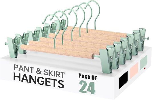 Wooden Pants Hangers with Clips 24 Pack, Heavy Duty Adjustable Clip Non Slip Skirt Hanger for Jeans, Trousers, Short, Clothes, Space Saving Closet Organizer (Green, 24 Pack) by POZEAN