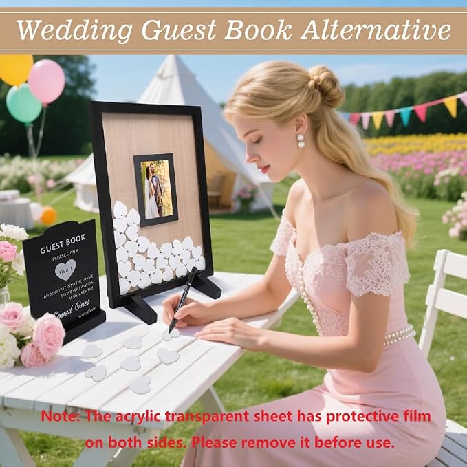 Wedding Guest Book Alternative Wooden Picture Frame Guestbooks(Black) | With 90+ hearts, Guest Book Alternative for Wedding Baby Shower Anniversary Birthday Party - Image 2