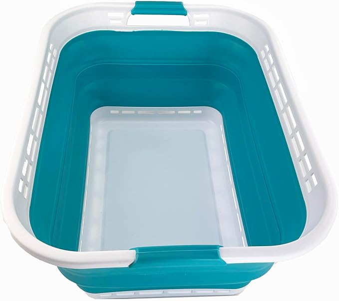 SAMMART 42L (11 Gallons) Collapsible Plastic Laundry Basket - Foldable Pop Up Storage Container/Organizer - Portable Washing Tub - Space Saving Hamper/Basket (White/Ceramic Blue) by SAMMART