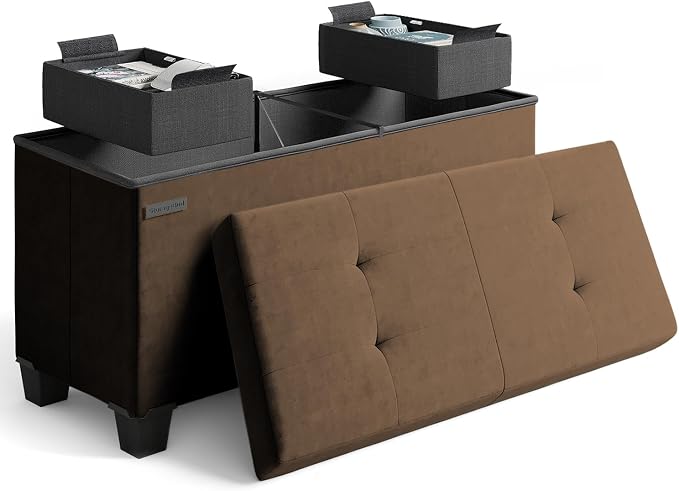 Storage Ottoman Bench with Bins, 30-in Storage Bench for Bedroom End of Bed, Folding Foot Rest Ottoman for Living Room Max 660lbs, Velvet Ottomans, Brown by STORAGEBUD