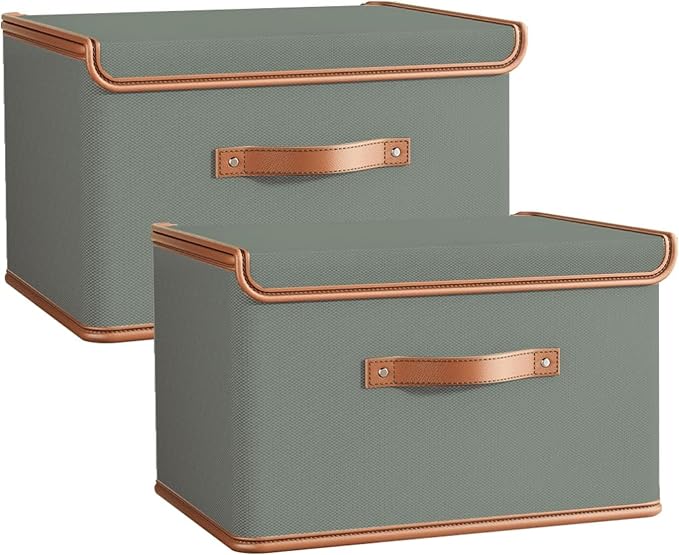 Tuza 2 Pack Storage Bins with Lids, Collapsible Closet Organizer Container, Fabric Organizer Box with Handles, Decorative Storage Boxes with Lids for Organizing Clothes, Blanket, Grey, Extra Large by LOVEWHEREYOULIVE
