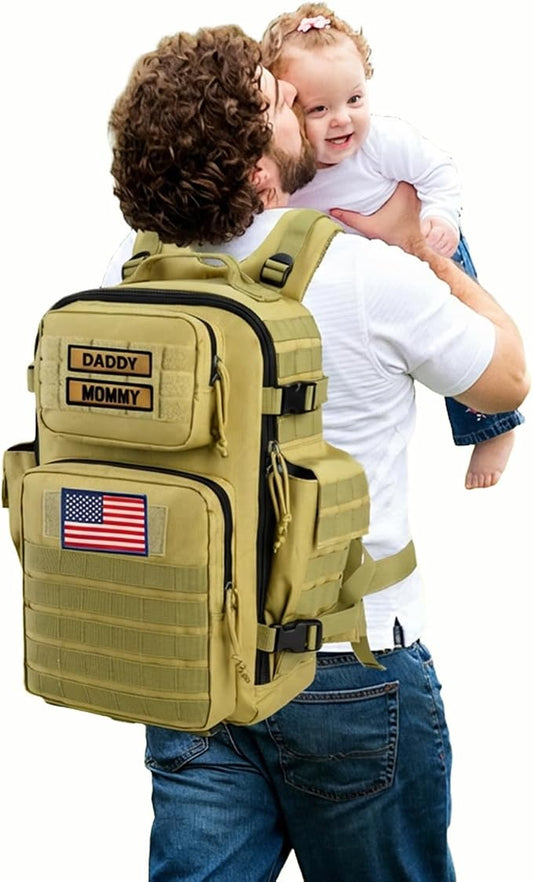 SHARKMOUTH Military Diaper Bag for Dad - Insulated Baby Diaper Backpack with Patches for Hiking Travel Camping - Baby Shower Gifts Tan by SHARKMOUTH