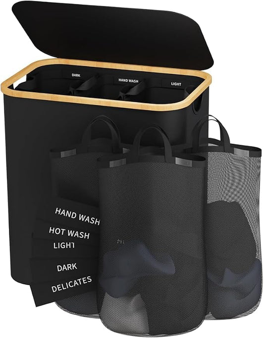 145L Laundry Hamper with Lid, 3 Section Laundry Basket with 3 Removable Bag | Clothes Hampers for Laundry with Bamboo Frame Handle, Large Dirty Clothes Hamper for Laundry Room, Bathroom, Bedroom, Black by Bathola