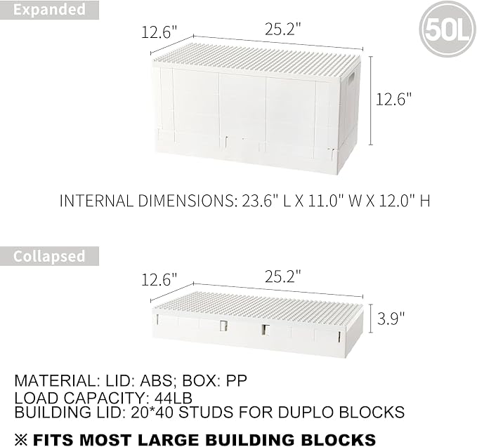 53 Qt. Folding Storage Box with Large Building Lid for Lego Duplo Blocks, 13 Gallon Collapsible Organizer for Lego Bricks (White) - Image 3