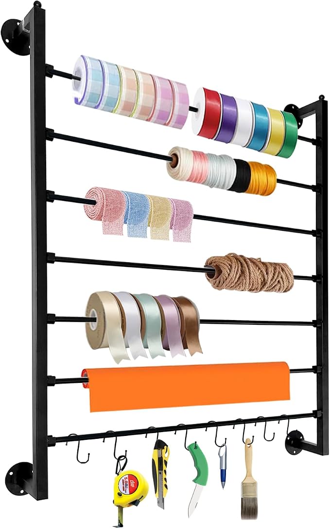 7-Tier Wall Mount Ribbon Holder Organizer Rack-Black | Large Capacity Metal Ribbon Storage for Craft Room, Wrapping Paper, Scarf, Belt & Flower Shop Display by Unknown