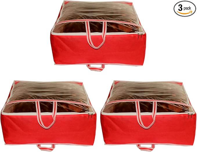 ANKIT INTERNATIONAL Garments Protect Clothes Organizer/Storage Bags for Blanket, Quilts & Rajai Storage Combo Pack of 03 with Dust Protection Front Clear window & Zip Closure (RED,51 x 51 x 22 cms) by AI+ANKIT+INTERNATIONAL