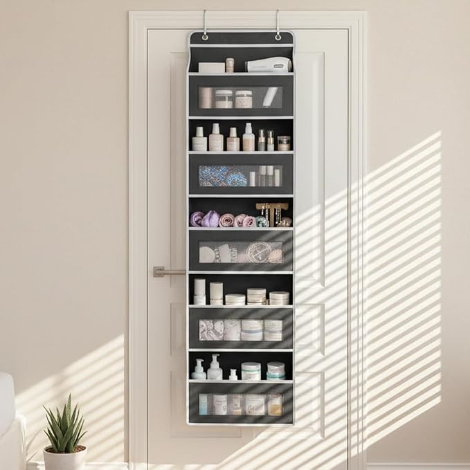 SakerPlus Five Tier Over The Door Organizer, Hanging Door Storage Organizer with Clear Windows and Side Pockets, Behind Door Storage for Bedroom Bathroom Pantry Nursery Closet (Black) - Image 2