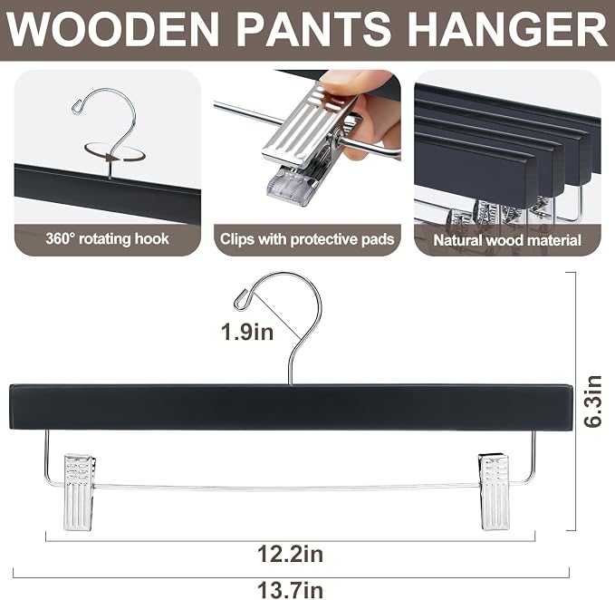 BAGAIL 10 Pack Wooden Pants Hangers with Adjustable Clips, 360°Swivel Hook Space Saving Skirt Holders with Anti-Rust Clips for Trousers, Jeans, Shorts (Black) - Image 2