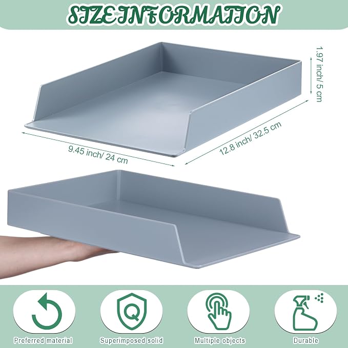 8 Pcs Stackable Paper Trays Rectangular Plastic Desk Holder Desktop Document File Organizer Storage Letter for Office Classroom (Gray) - Image 3