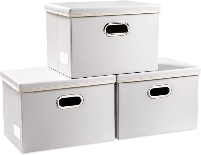Collapsible Storage Bins with Lids [3-Pack] Leather Fabric Foldable Storage Boxes Organizer Containers Baskets Cube with Cover for Bedroom Closet Office Nursery White (14.9x10.8x10) by Prandom