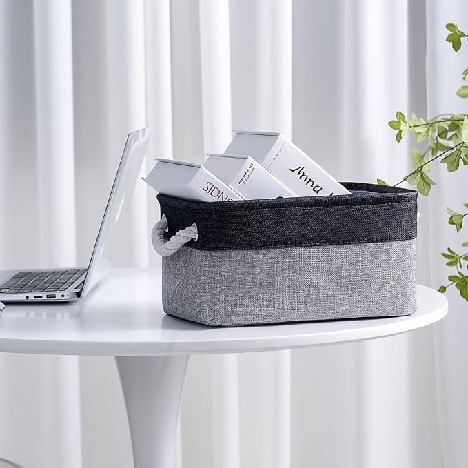 Storage Basket for Organizing - 14x10x7 inch Medium 3 Pack Collapsible Storage Bin for Shelves with Rope, Fabric Storage Cubes for Organizer Cloth Gift Toy Closet (Black & Grey) - Image 3