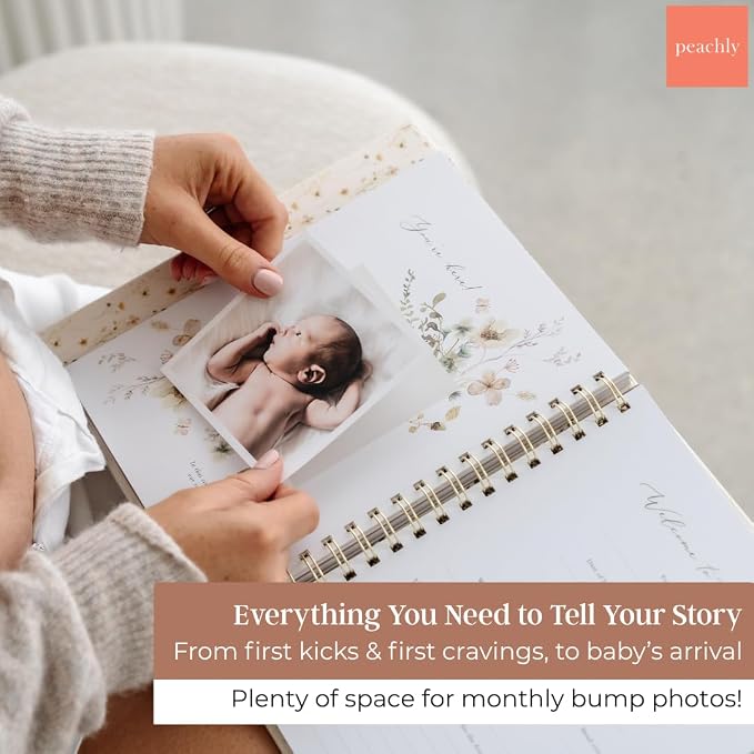 Peachly Pregnancy Journal for First Time Moms - Linen Memory Book (Sage) | Gift-boxed 110-page maternity keepsake & pregnancy scrapbook. Bump photo pages, hospital & newborn checklists, archival paper - Image 5
