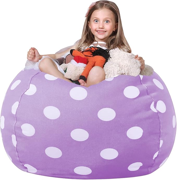 WEKAPO Stuffed Animal Storage Bean Bag Chair Cover for Kids | Stuffable Zipper Beanbag for Organizing Children Plush Toys Large Premium Cotton Canvas (Purple Dot, XX-Large) by Wekapo