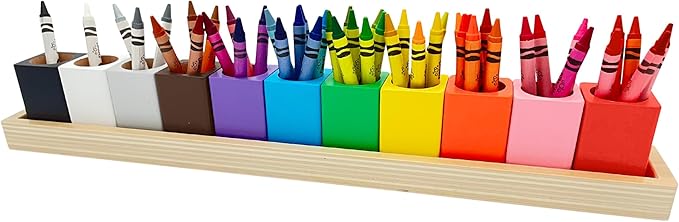 Montessori Crayon Holder for Kids - Craft Supply Organizer - Classroom Storage Caddy Case - Perfect for Colored Pencils [Crayons or Pencils NOT Included] (Standard) | Color Sorting Caddy, 11 Beechwood Cups Plus 8 Stencils, Holds Crayons Pencils Markers... by OKKOSTAR