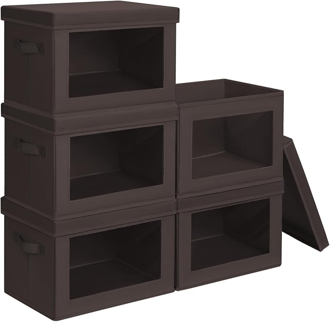 Stackable Storage Bins with Lids - Medium Storage Box with Lids, Foldable Closet Boxes for Organizing, Wardrobe Clothes Organizer with Window, Cubes Bins for Living Room, 5 Pack, Brown by Homsorout