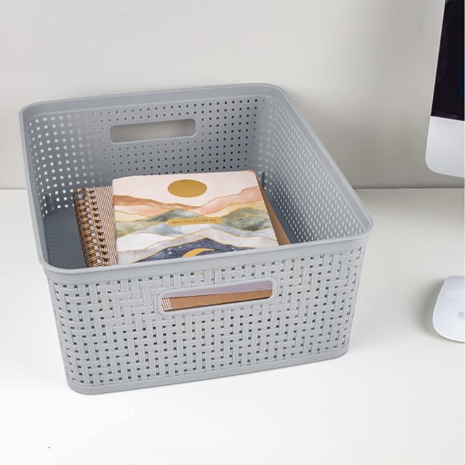 Sterilite 24 Pack Plastic Storage Bin Organization Containers, Short Baskets, Cement - Image 3