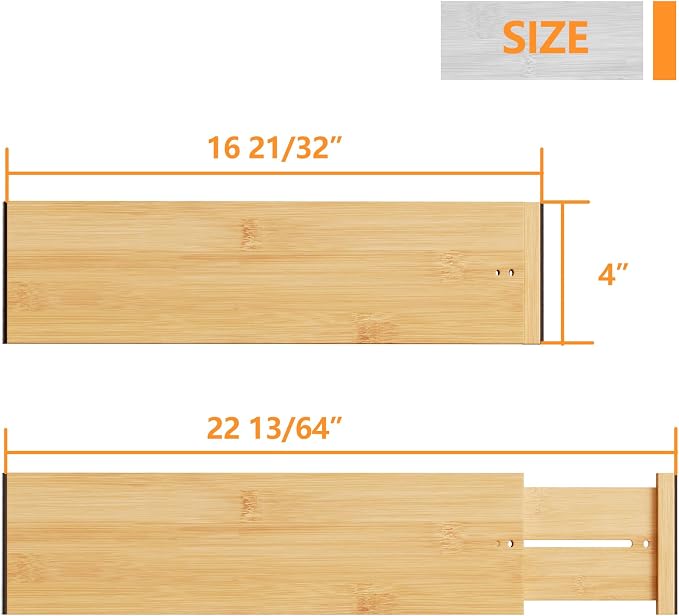 BAMEOS Bamboo Expandable Drawer Dividers – Fits 16.65"–22" Drawers, 4" Extra Deep Walls, Set of 4 | Maximum-Height Spring-Loaded Organizer for Deep Kitchen, Bathroom & Dresser Drawers - Image 4