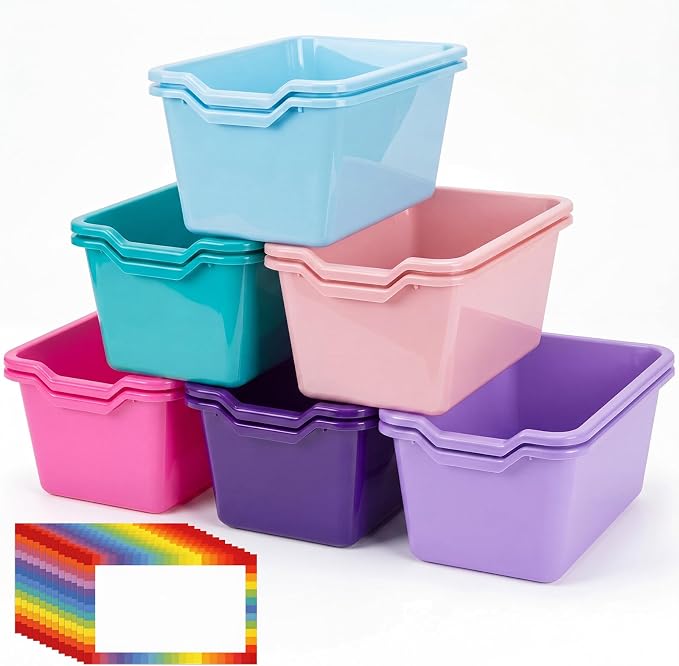 Funrous 12 Pack Book Bins for Classroom Library Plastic Cubby Storage Bins with Labels and Handles Stackable Toy Organizer Containers for Teacher Supplies Home Office Daycare Playroom (Purple Pastel) by Funrous