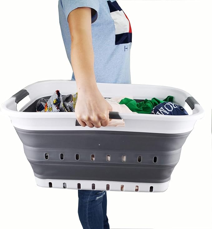 SAMMART 42L (11 gallon) Collapsible Plastic Laundry Basket - Foldable Pop Up Storage Container/Organizer - Space Saving Hamper/Basket (1, White/Dark Grey) - Image 7