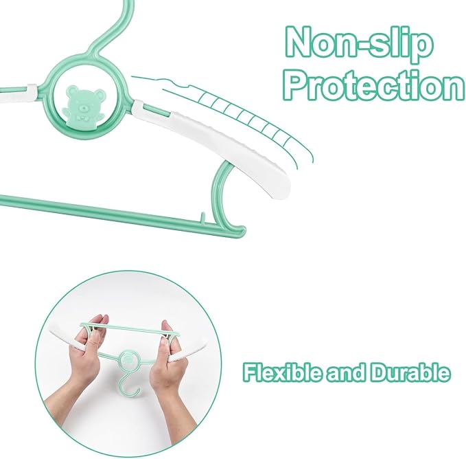 Baby Clothes Hangers 50 Pack, Plastic Kids Hangers Space Saving for Closet | Green Hanger for Toddler Boy and Girl, Lightweight Anti-Slip Cascading Padded Extendable Adjustable Pant Bear Children Hangar - Image 5