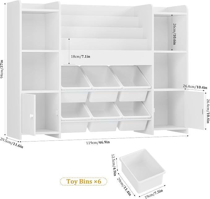 Toy Storage Organizer with 6 Toy Bins & 4 Tier Kids Bookshelf | Toy Organizer with 6 Cubbies, Kids Toy Organizers and Toy Storage with Bins, Playroom Storage and Toy Chest, White - Image 2